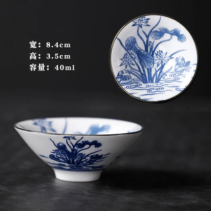 1 PCS Retro Blue and White Porcelain Cone Teacup Anti Scaling Hand-Painted Ceramic Tea Bowl Travel Meditation Cups Tea set