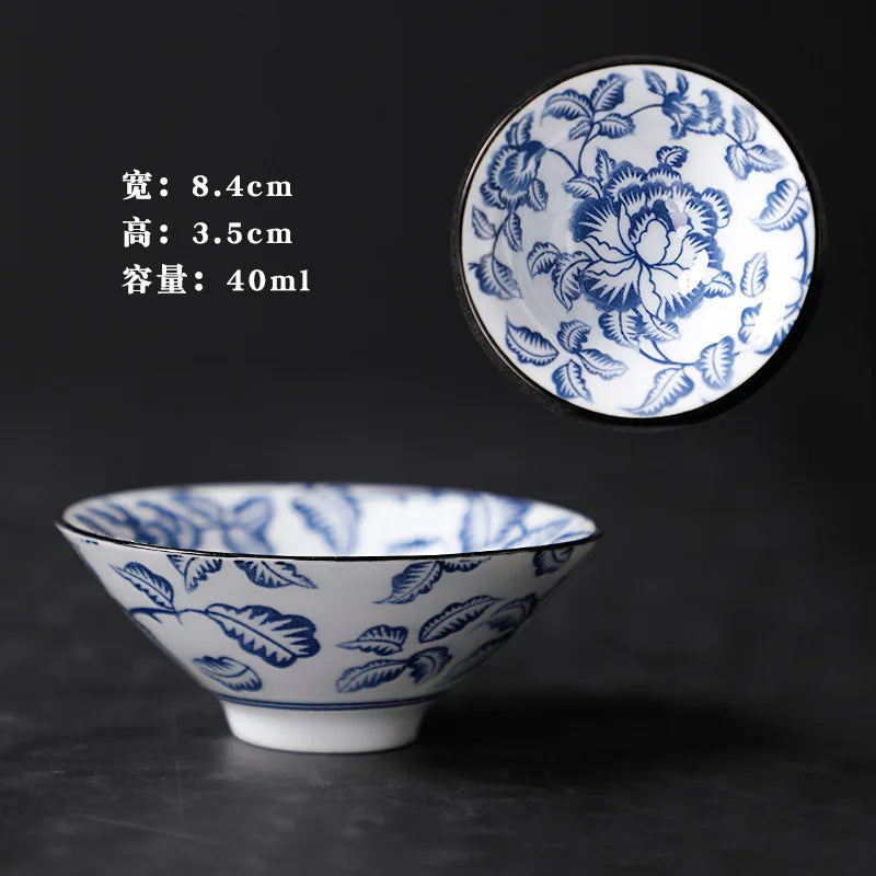 1 PCS Retro Blue and White Porcelain Cone Teacup Anti Scaling Hand-Painted Ceramic Tea Bowl Travel Meditation Cups Tea set