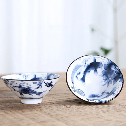 1 PCS Retro Blue and White Porcelain Cone Teacup Anti Scaling Hand-Painted Ceramic Tea Bowl Travel Meditation Cups Tea set