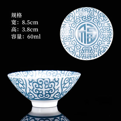 1 PCS Retro Blue and White Porcelain Cone Teacup Anti Scaling Hand-Painted Ceramic Tea Bowl Travel Meditation Cups Tea set