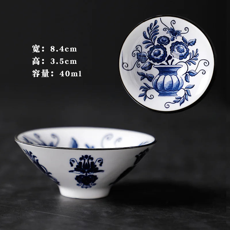 1 PCS Retro Blue and White Porcelain Cone Teacup Anti Scaling Hand-Painted Ceramic Tea Bowl Travel Meditation Cups Tea set