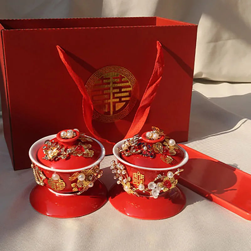 1 Pair Ceramics Chinese Traditional Red Wedding Double Happiness Tea Cover Bowl with Lid Teacup Gaiwan Home Teaware Drinkware