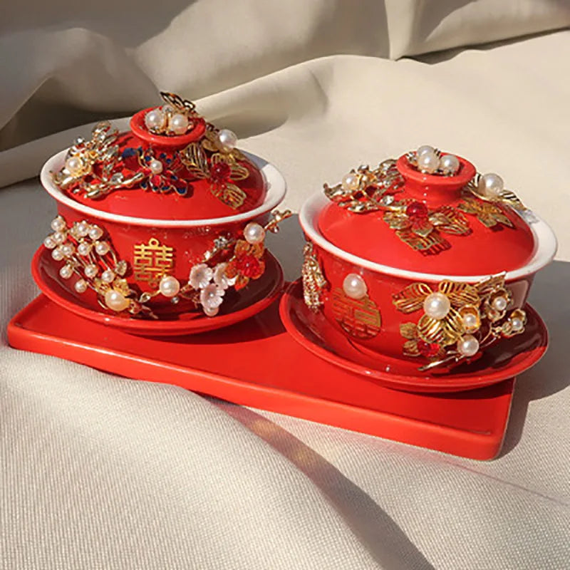 1 Pair Ceramics Chinese Traditional Red Wedding Double Happiness Tea Cover Bowl with Lid Teacup Gaiwan Home Teaware Drinkware