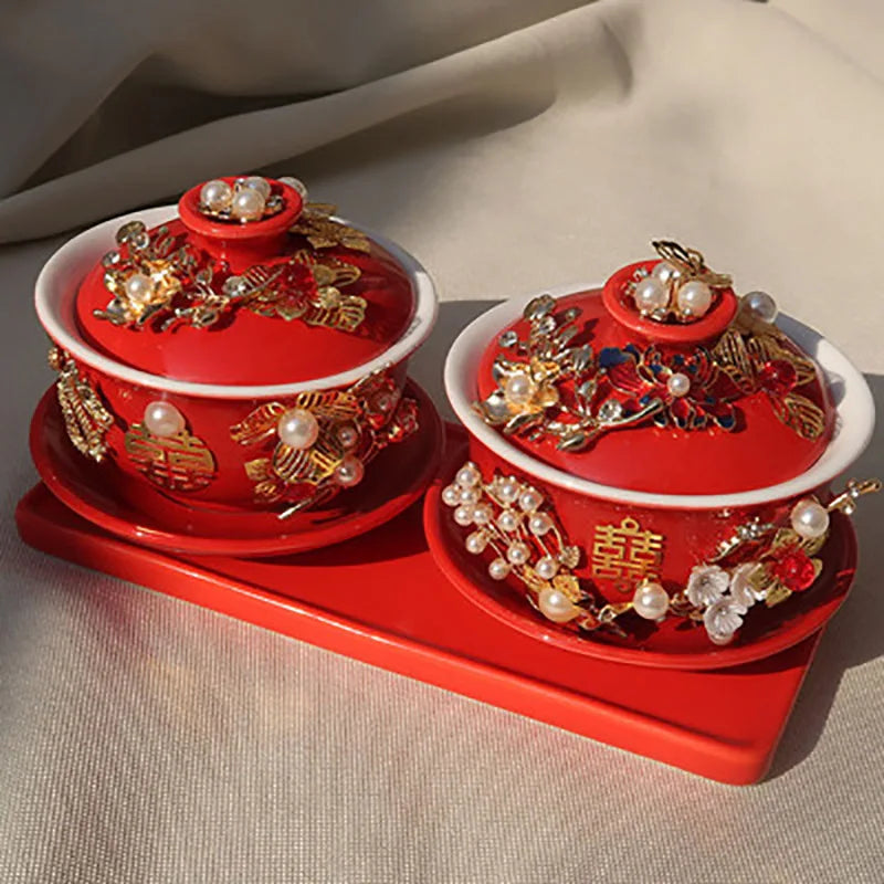 1 Pair Ceramics Chinese Traditional Red Wedding Double Happiness Tea Cover Bowl with Lid Teacup Gaiwan Home Teaware Drinkware