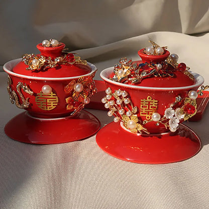 1 Pair Ceramics Chinese Traditional Red Wedding Double Happiness Tea Cover Bowl with Lid Teacup Gaiwan Home Teaware Drinkware