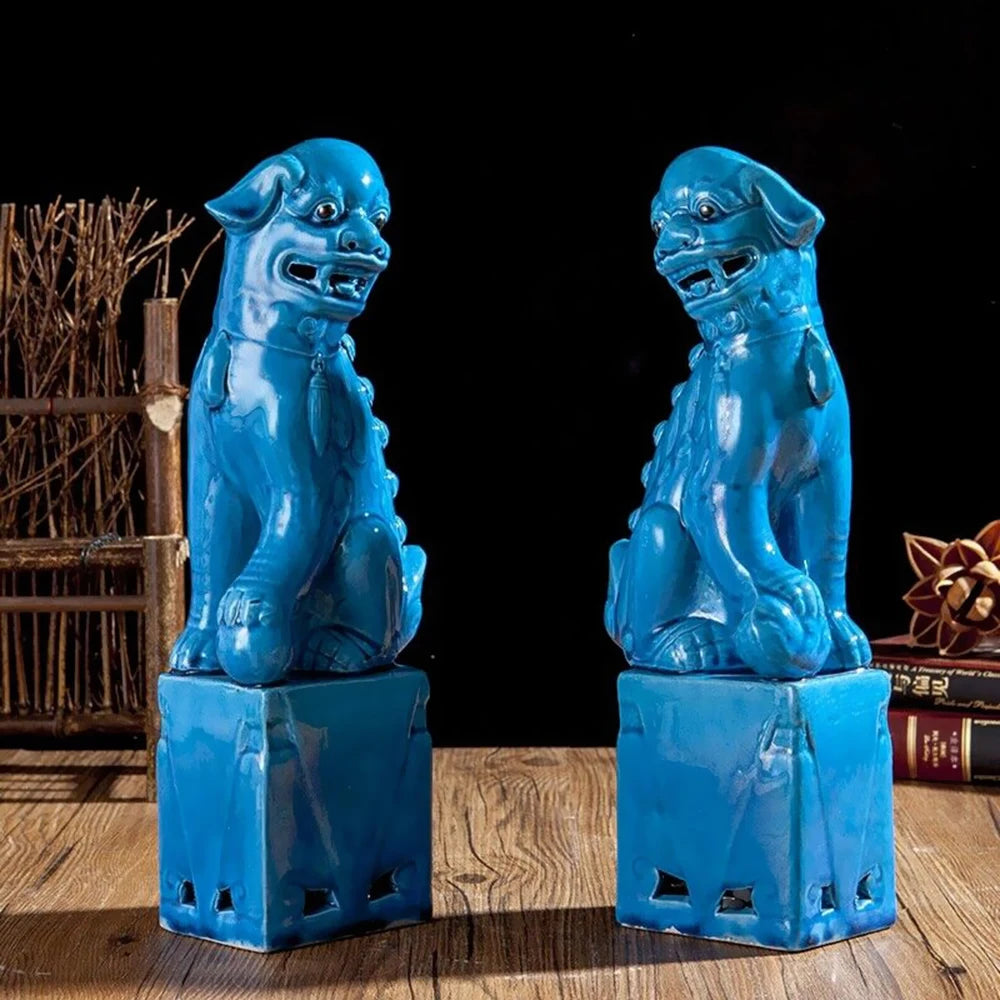 1 Pair Chinese Jingdezhen Ceramics Porcelain Blue Foo Fu Dog Guardion Lion Statue for Desktop Car Ornaments Buy Our Tea