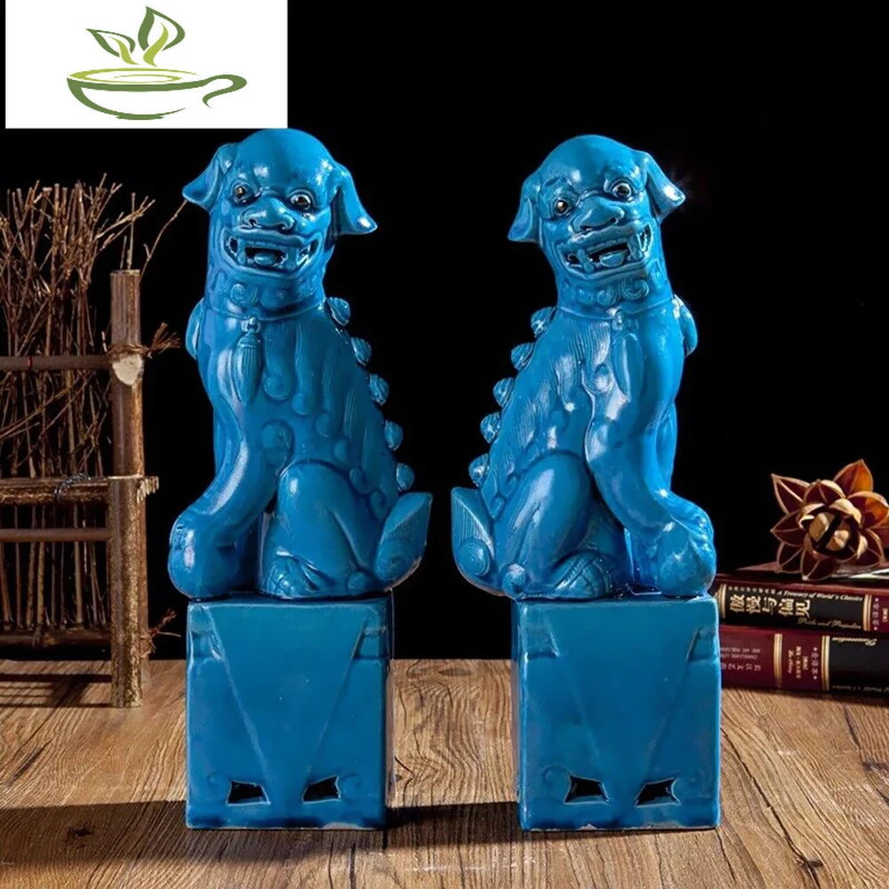 1 Pair Chinese Jingdezhen Ceramics Porcelain Blue Foo Fu Dog Guardion Lion Statue for Desktop Car Ornaments Buy Our Tea