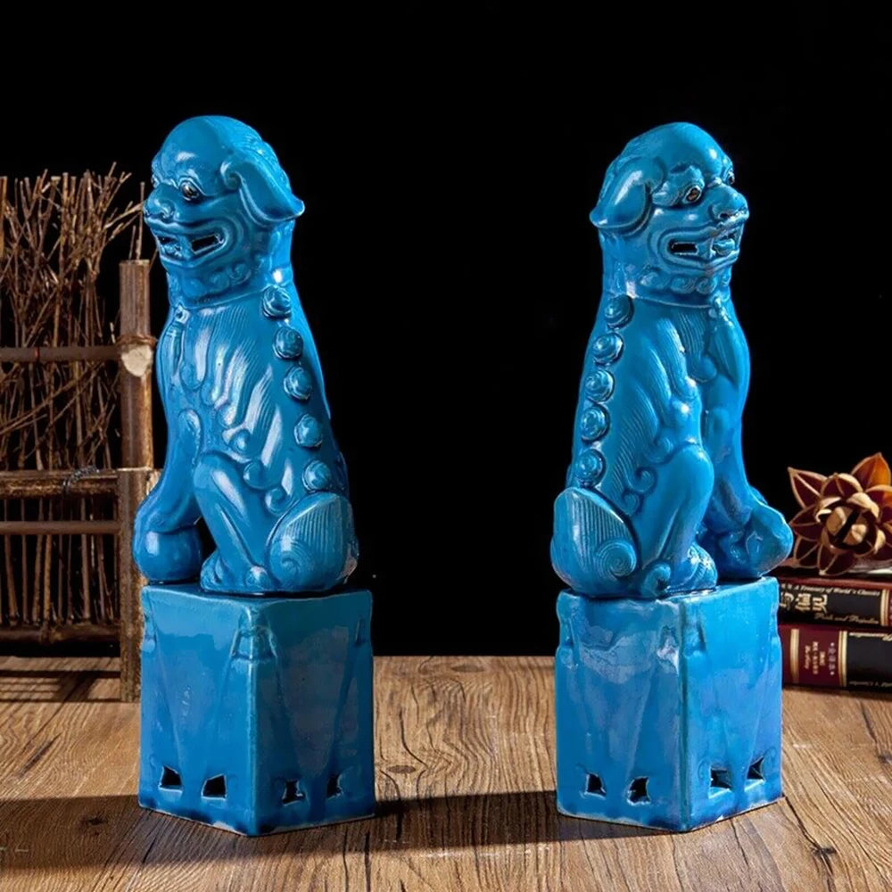1 Pair Chinese Jingdezhen Ceramics Porcelain Blue Foo Fu Dog Guardion Lion Statue for Desktop Car Ornaments Buy Our Tea