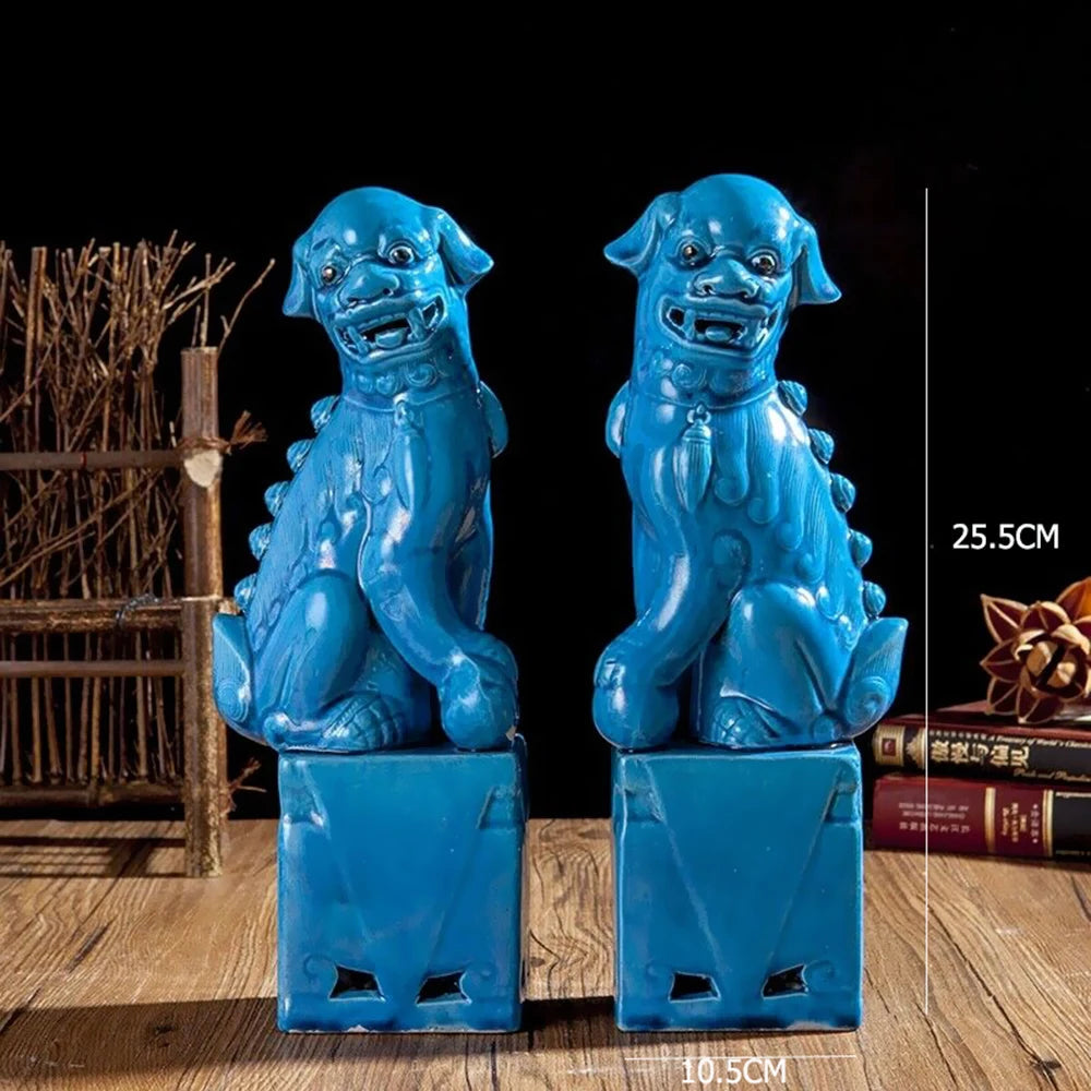 1 Pair Chinese Jingdezhen Ceramics Porcelain Blue Foo Fu Dog Guardion Lion Statue for Desktop Car Ornaments Buy Our Tea