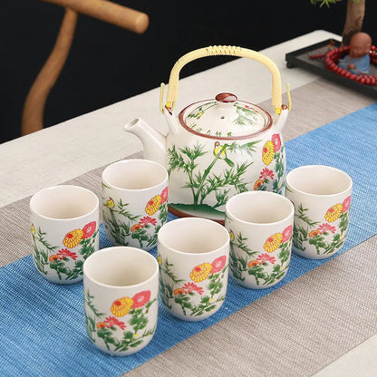 1 Pot 6 Cups Creative CeramicTea Set Handmade TeaPot Cup Chinese Porcelain Gift GungFu Floral Tea Teaware Office Travel Teaware