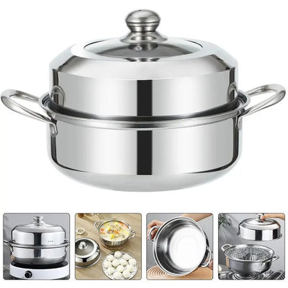 1 Set 28cm Stainless Steel Two Layer Thick Steamer Pot Soup Steam Pot Universal Cooking Pots For Induction Cooker Gas Stove