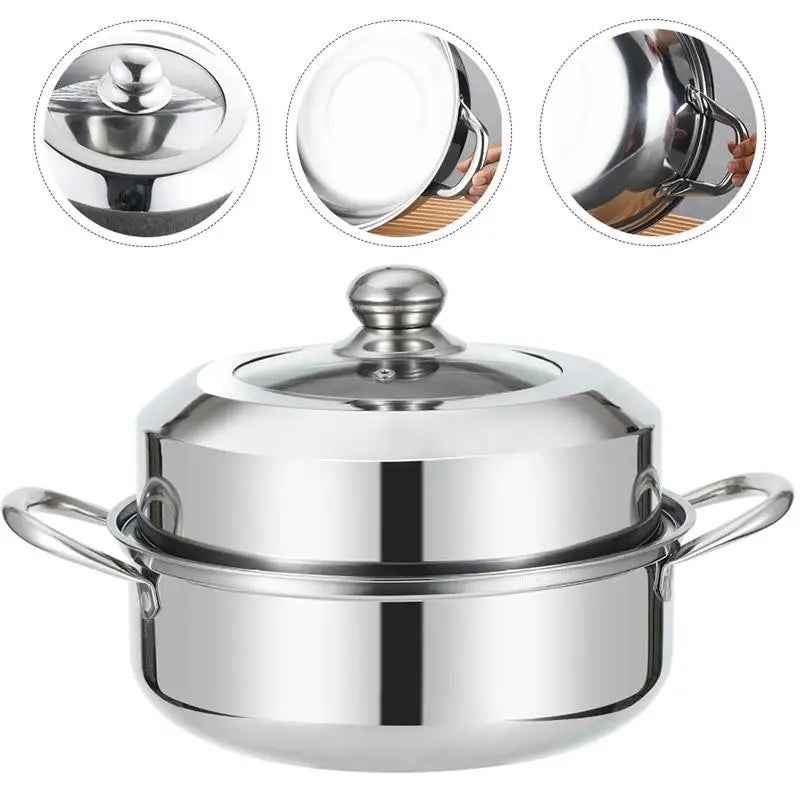 1 Set 28cm Stainless Steel Two Layer Thick Steamer Pot Soup Steam Pot Universal Cooking Pots For Induction Cooker Gas Stove