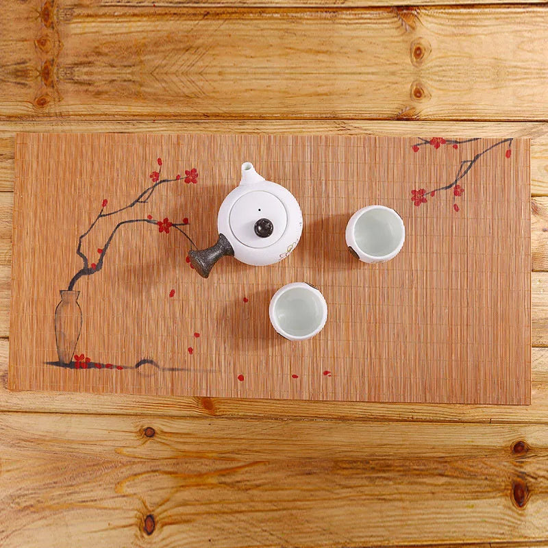 1 pcs Chinese style napkin insulation pad Hand-woven bamboo slip-proof decorative printing table mat Kung Fu tea set mat 30*60cm