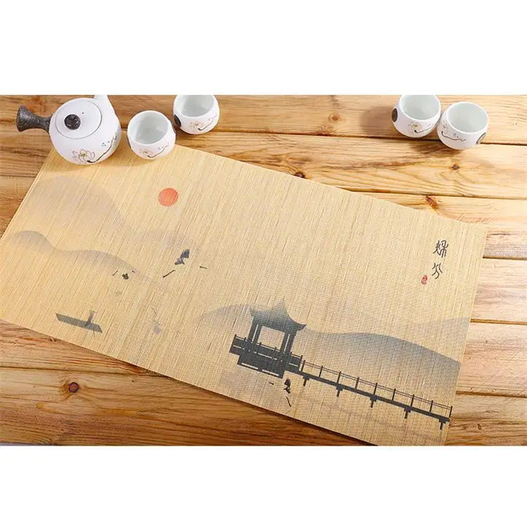 1 pcs Chinese style napkin insulation pad Hand-woven bamboo slip-proof decorative printing table mat Kung Fu tea set mat 30*60cm