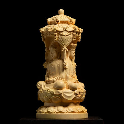 10/15CM Three Face Sakyamuni Sculpture Boxwood Carvings Buddha Statue Solid Wood Living Room Decoration Home Decor