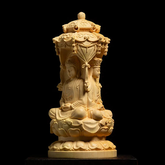10/15CM Three Face Sakyamuni Sculpture Boxwood Carvings Buddha Statue Solid Wood Living Room Decoration Home Decor