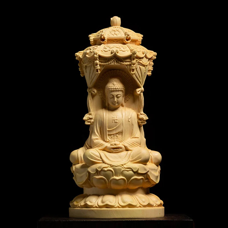 10/15CM Three Face Sakyamuni Sculpture Boxwood Carvings Buddha Statue Solid Wood Living Room Decoration Home Decor