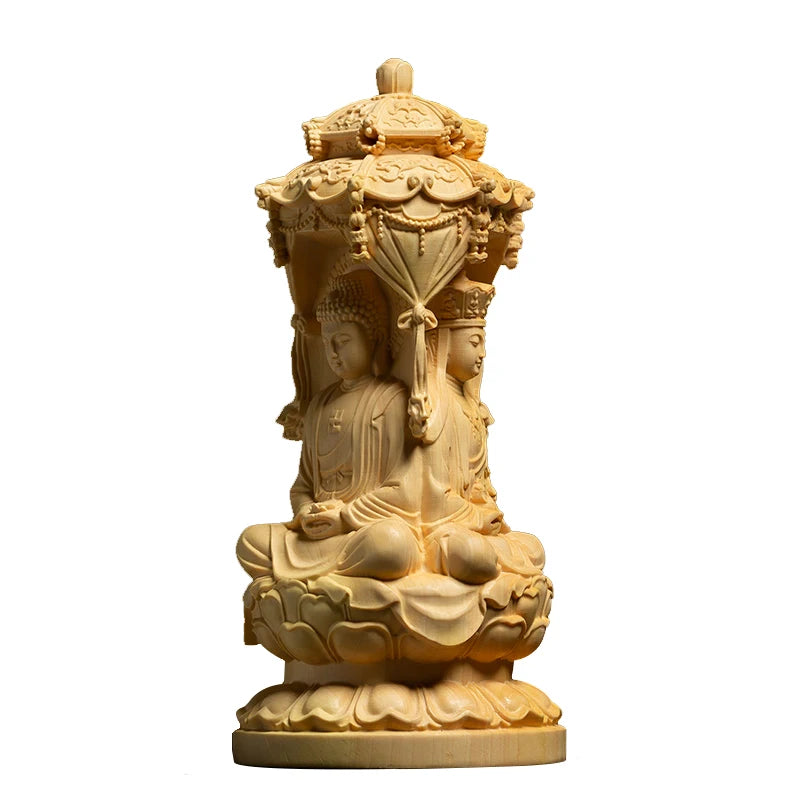 10/15CM Three Face Sakyamuni Sculpture Boxwood Carvings Buddha Statue Solid Wood Living Room Decoration Home Decor
