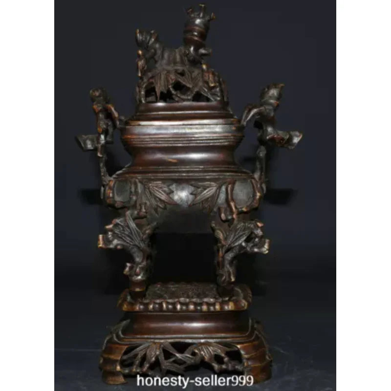 10.2" Old China Xuande Dynasty Bronze Bamboo Incense Burner Censer Statue