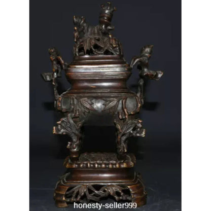10.2" Old China Xuande Dynasty Bronze Bamboo Incense Burner Censer Statue