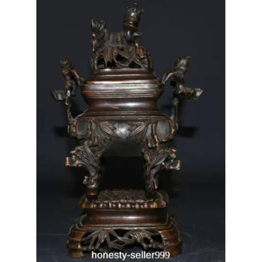 10.2" Old China Xuande Dynasty Bronze Bamboo Incense Burner Censer Statue