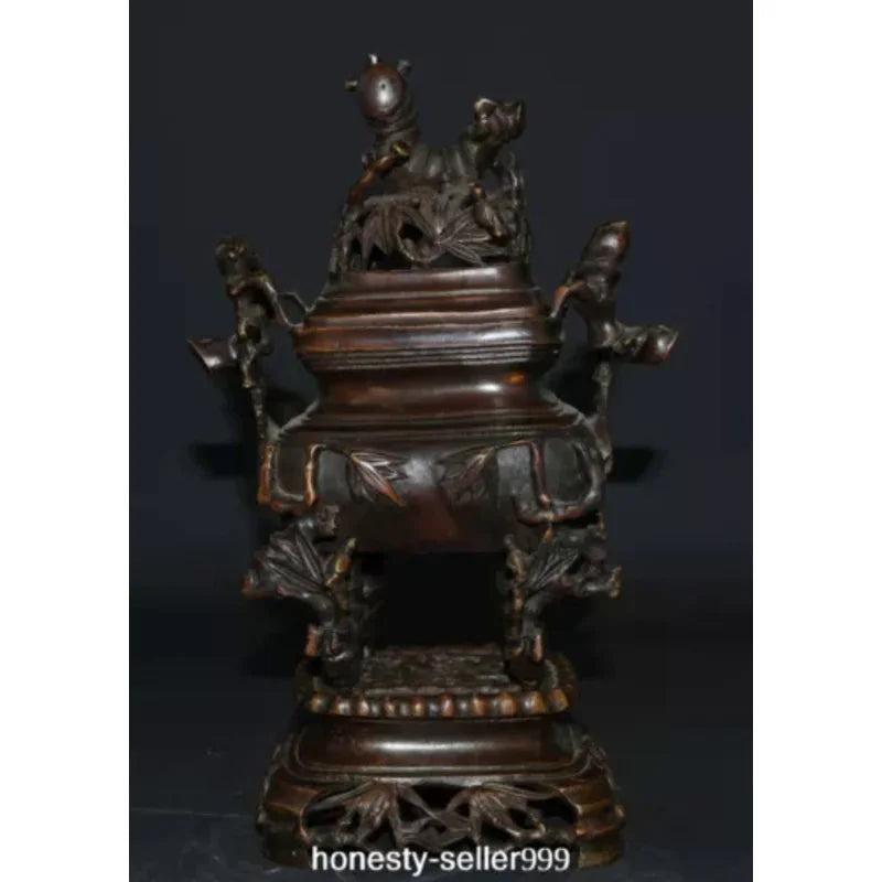 10.2" Old China Xuande Dynasty Bronze Bamboo Incense Burner Censer Statue