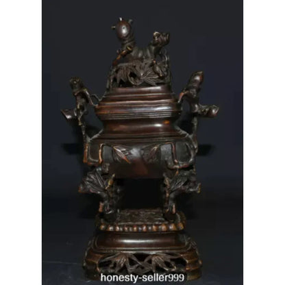 10.2" Old China Xuande Dynasty Bronze Bamboo Incense Burner Censer Statue