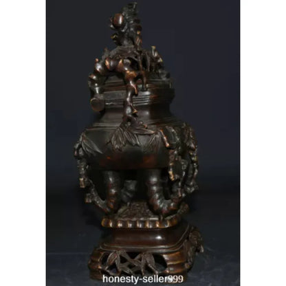 10.2" Old China Xuande Dynasty Bronze Bamboo Incense Burner Censer Statue