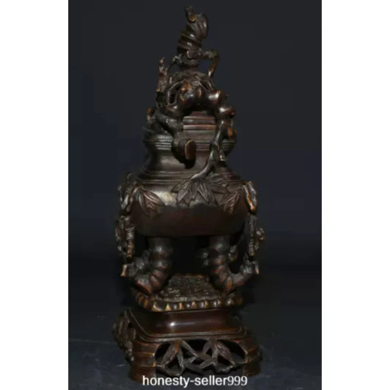 10.2" Old China Xuande Dynasty Bronze Bamboo Incense Burner Censer Statue
