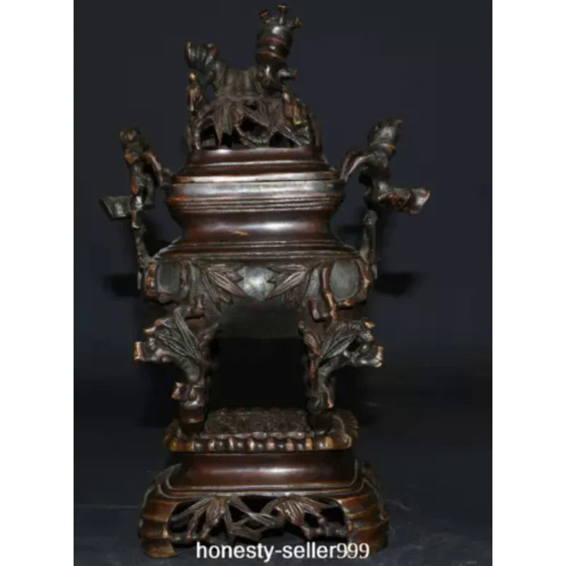 10.2" Old China Xuande Dynasty Bronze Bamboo Incense Burner Censer Statue