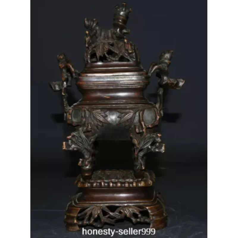 10.2" Old China Xuande Dynasty Bronze Bamboo Incense Burner Censer Statue