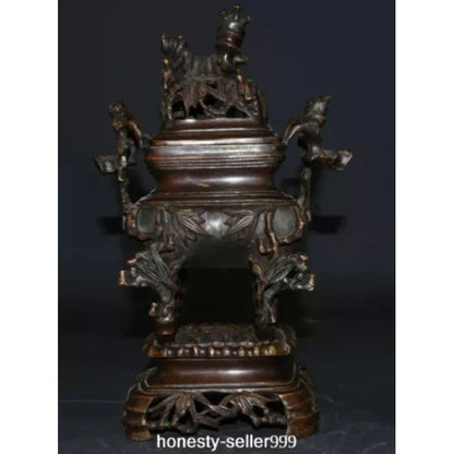 10.2" Old China Xuande Dynasty Bronze Bamboo Incense Burner Censer Statue