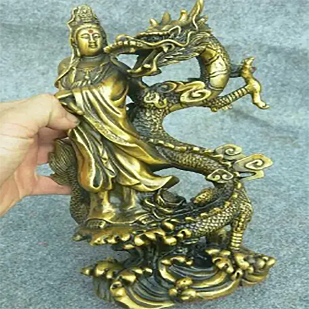 10" China Buddhism Pure Bronze GuanYin Kwan-Yin Bodhisattva stand Dragon Statue