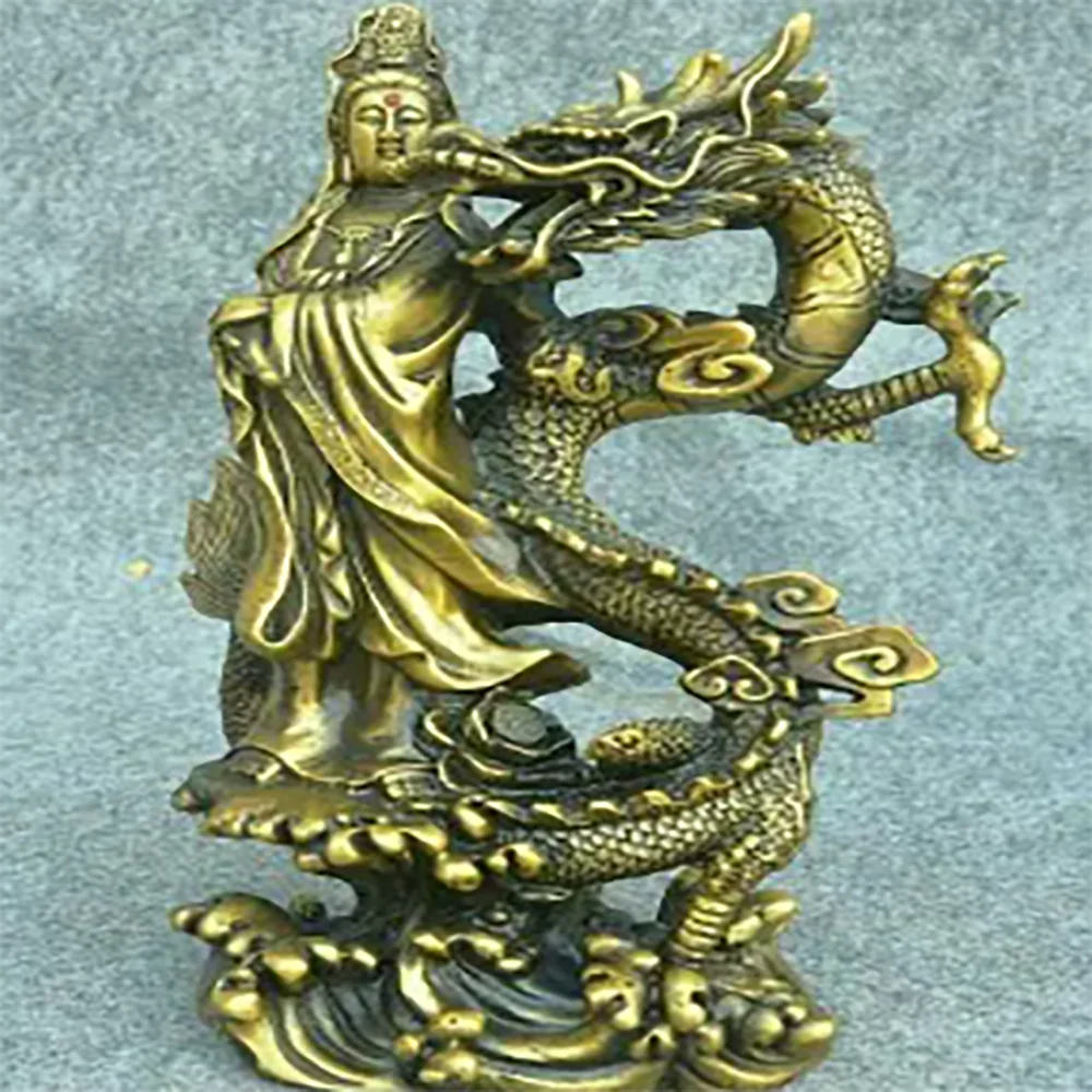 10" China Buddhism Pure Bronze GuanYin Kwan-Yin Bodhisattva stand Dragon Statue