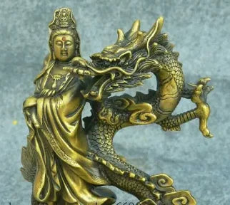 10" China Buddhism Pure Bronze GuanYin Kwan-Yin Bodhisattva stand Dragon Statue
