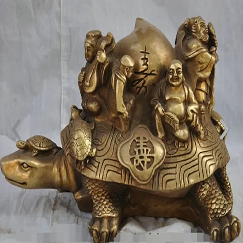 10" Chinese Brass Immortal BaXianGuoHai 8 God Shou Peach On Shou Turtle Statue