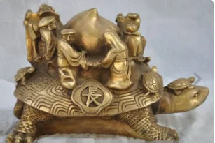 10" Chinese Brass Immortal BaXianGuoHai 8 God Shou Peach On Shou Turtle Statue
