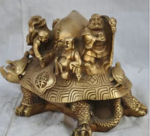 10" Chinese Brass Immortal BaXianGuoHai 8 God Shou Peach On Shou Turtle Statue