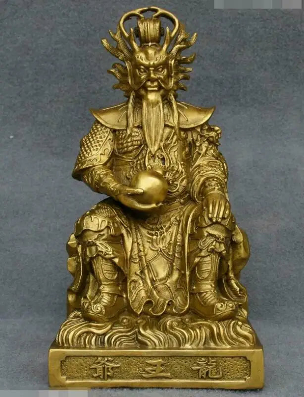 10" Chinese Temple Copper Brass Dragon King Longwang Immortal Sea God Statue