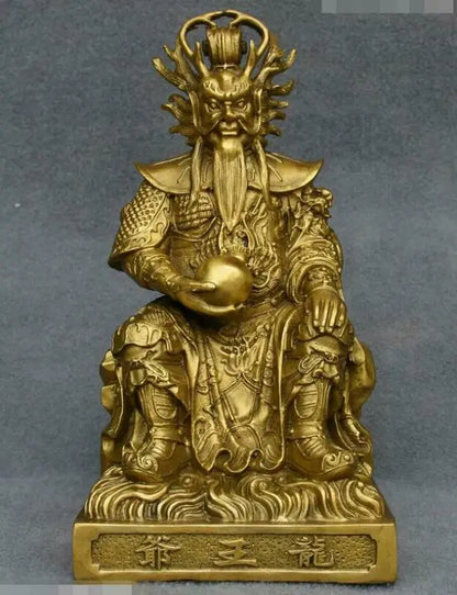 10" Chinese Temple Copper Brass Dragon King Longwang Immortal Sea God Statue