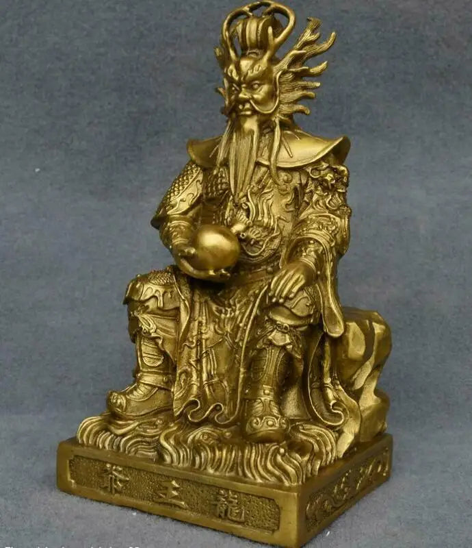 10" Chinese Temple Copper Brass Dragon King Longwang Immortal Sea God Statue