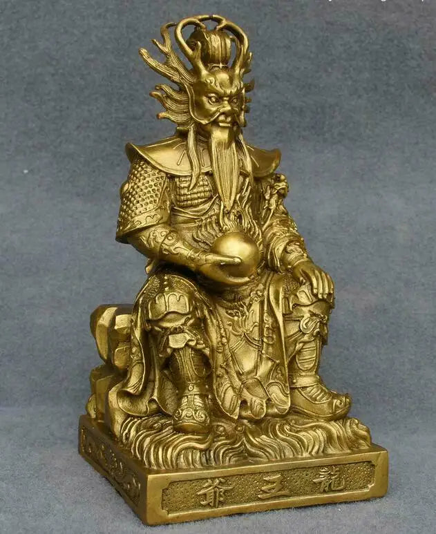 10" Chinese Temple Copper Brass Dragon King Longwang Immortal Sea God Statue