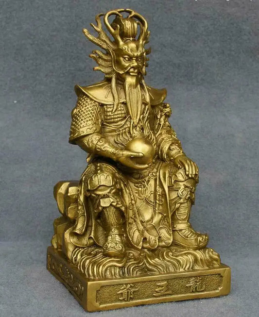 10" Chinese Temple Copper Brass Dragon King Longwang Immortal Sea God Statue