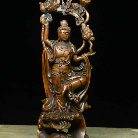 10" Old China Boxwood Wood Carving Kwan-yin Guan Yin Goddess Lotus Flower Statue
