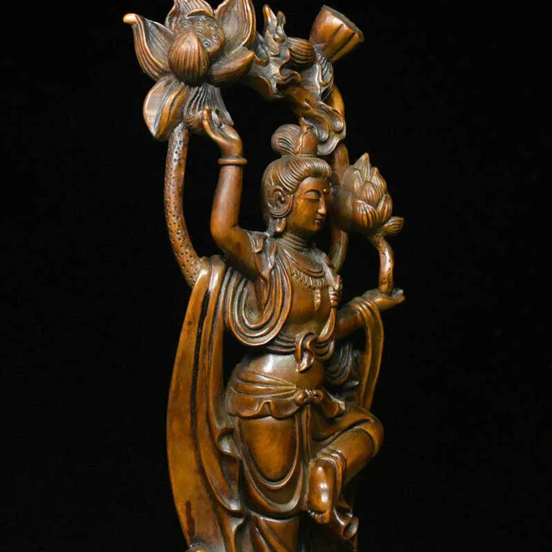 10" Old China Boxwood Wood Carving Kwan-yin Guan Yin Goddess Lotus Flower Statue