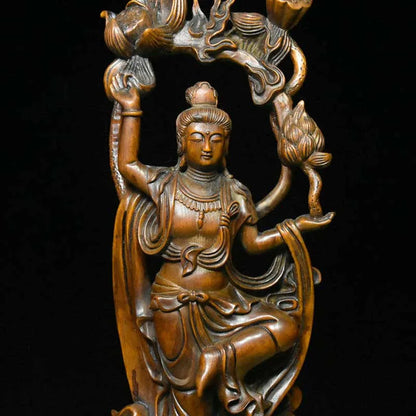 10" Old China Boxwood Wood Carving Kwan-yin Guan Yin Goddess Lotus Flower Statue