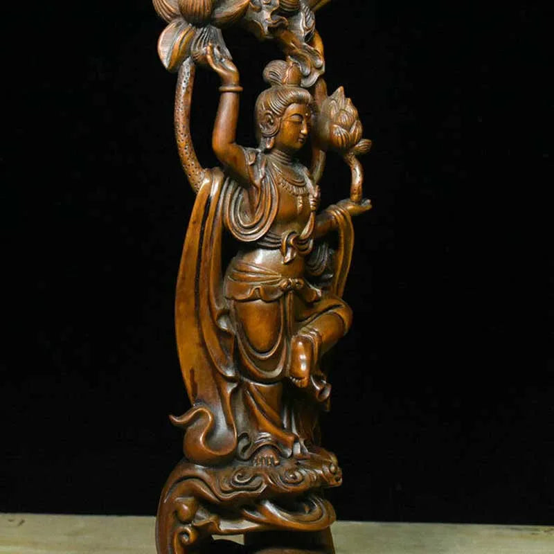 10" Old China Boxwood Wood Carving Kwan-yin Guan Yin Goddess Lotus Flower Statue