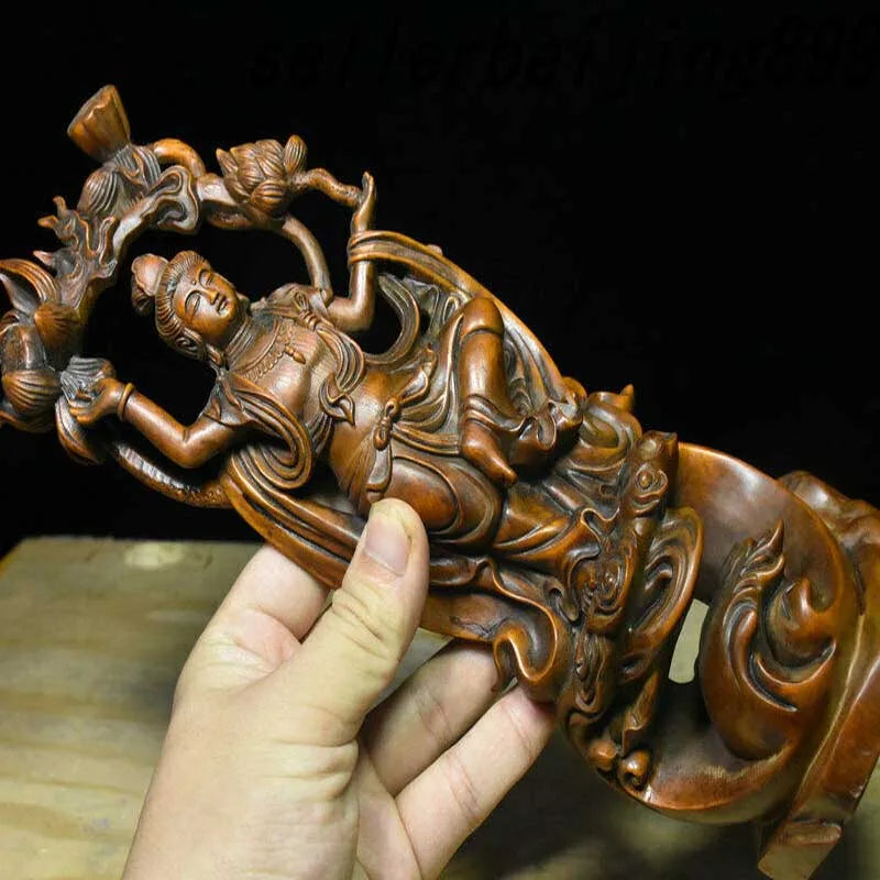 10" Old China Boxwood Wood Carving Kwan-yin Guan Yin Goddess Lotus Flower Statue