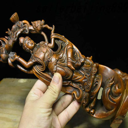 10" Old China Boxwood Wood Carving Kwan-yin Guan Yin Goddess Lotus Flower Statue