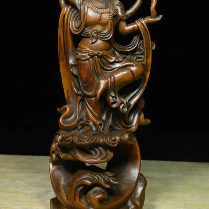 10" Old China Boxwood Wood Carving Kwan-yin Guan Yin Goddess Lotus Flower Statue